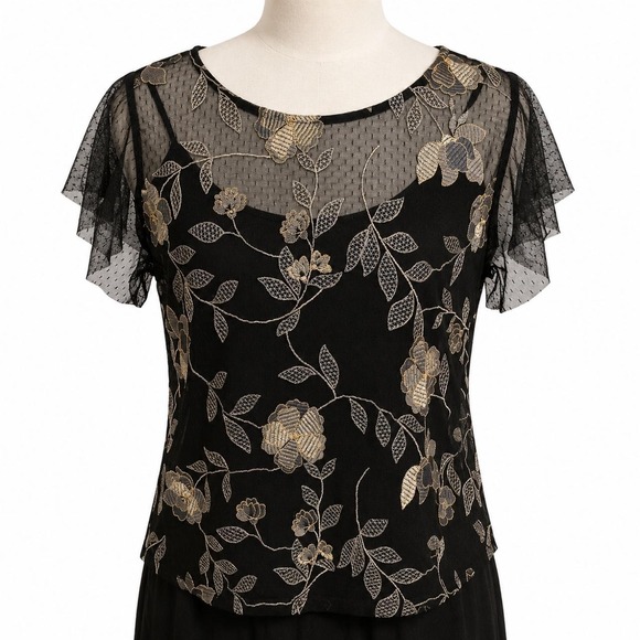 No brand Tops - Black Sheer Mesh Floral Embroidered Flutter Sleeve Top